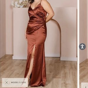 Revelry Rory Satin Dress, size 12, cinnamon rose, regular maxi length
